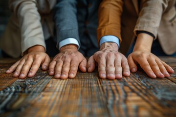 A powerful image representing teamwork and unity, with diverse hands coming together on a wooden surface