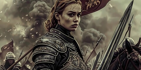 knight girl, medieval illustration, desktop background - obrazy, fototapety, plakaty
