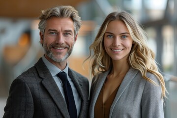 A mature gray-haired businessman and his young blonde female associate posing in a corporate environment