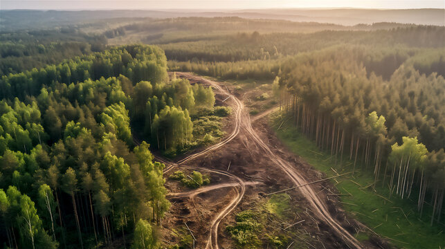 A drone image of deforestation and logging eating into the landscape