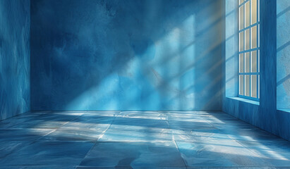 A light blue backdrop features sun rays and shadows, with a window shadow on the wall of an empty room, suitable for product presentation. - obrazy, fototapety, plakaty