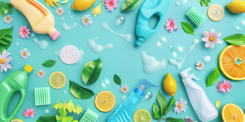A backdrop displays various cleaning products, including dish soap bottles, with colorful leaves, flowers, lemon slices, bubbles, and sponges scattered around. - obrazy, fototapety, plakaty