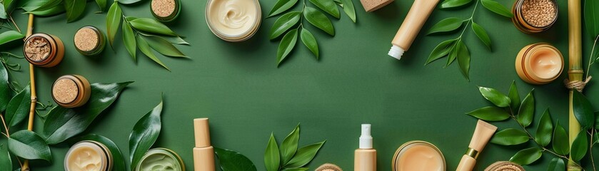 Organic and ecofriendly skincare items arranged in a minimalist style, bamboo, and green leaves background, clean and sustainable beauty theme ,vibrant color