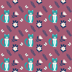 Seamless pattern vector image in flat cartoon style, doodle cat and flowers