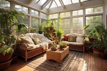 Solarium Sunroom Oasis Ideas: Botanical Prints & Jute Rugs Inspiration - obrazy, fototapety, plakaty