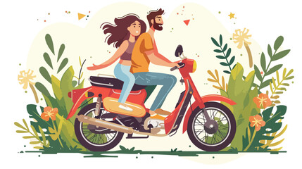 Fototapeta na wymiar Young couple riding a motorcycle. Summer landscape. vector