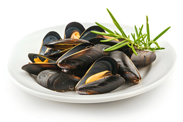 Mussels on a white plate. White background