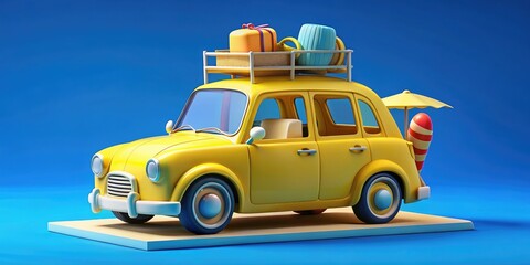 yellow car with luggage and beach accessories on blue background. summer travel concept 3d render