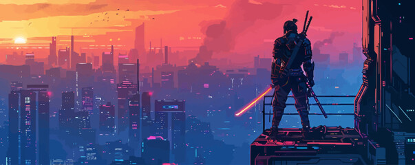 futuristic samurai standing on a building in cyberpunk city. vector simple illustration