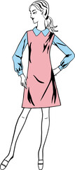Vector fashion image young woman in retro vintage dress, silhouette with fillings can be edited