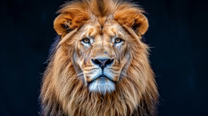   Close-up of a lion's face against black backdrop, illuminated by blue light emanating from its eyes