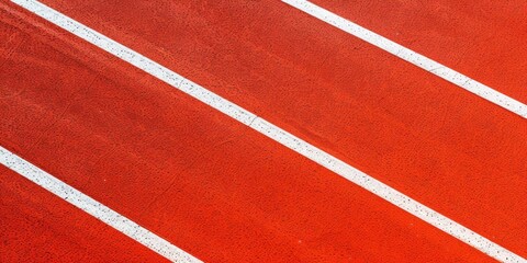 A top view of a red running track with a white line texture.