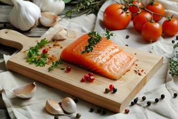 Seasoned salmon fillet on a light wooden cutting board