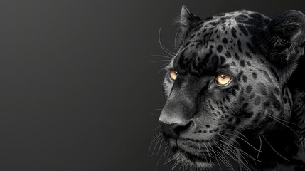   A tight shot of a black leopard's face displays its yellow eyes - obrazy, fototapety, plakaty