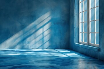 A light blue backdrop with window shadow and sun rays provides a minimal scene for showcasing products.