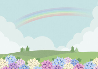 雨上がりに虹がかかる、紫陽花の咲いた風景背景素材