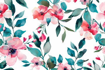 Vintage Floral Pattern with Soft Pink Blossoms and Teal Leaves