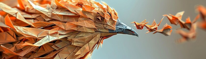 Closeup of a majestic paper bird, edges frayed as if torn from a sheet, leading a dynamic formation of smaller birds, metaphor for innovative leadership , digital photography - obrazy, fototapety, plakaty