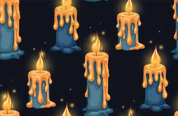 Vector seamless festive pattern with blue wax candles. Religion surface design. Texture with burning candles with sparkle on a dark background for wallpaper, fabrics.