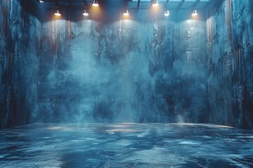 An empty modern industrial warehouse bathed in blue lighting creates a futuristic and mysterious vibe - obrazy, fototapety, plakaty