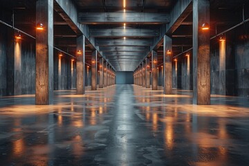 A sleek, modern underground corridor with symmetrical concrete pillars illuminated by warm hanging lights - Powered by Adobe
