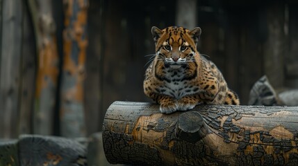   A cat closely perched on a log against a wooden background Fence visible in the distance