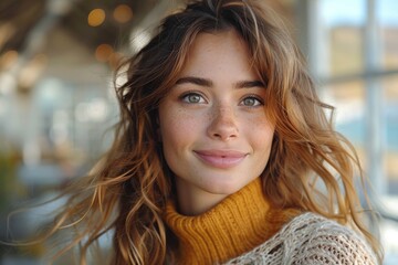Fototapeta premium Young woman with curly hair and freckles smiles in natural daylight inside a modern building