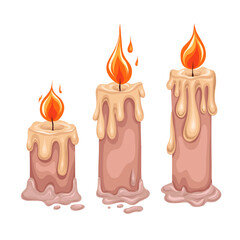 Vector set of festive cartoon white wax candles with lights. Religion and faith. Collection cliparts of candles isolated from background for mobile games, condolence letters and invitations