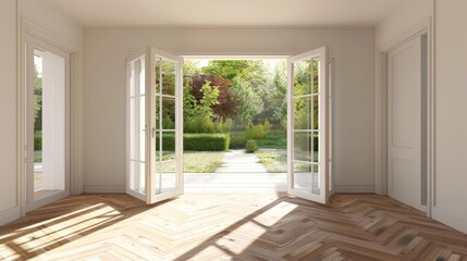 Fototapeta premium A large open space with a view of a garden. The room is empty and has a lot of natural light coming in through the windows