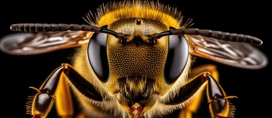 Close up of a bee's head on a yellow flower