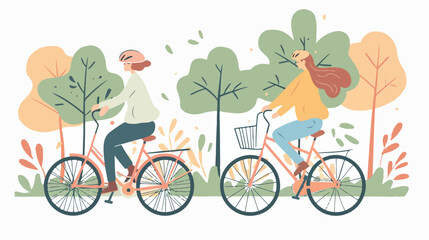 Young man and woman riding on bicycles in the park. F
