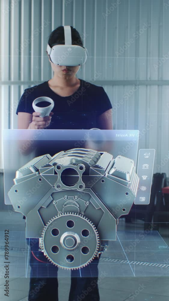 Wall mural car service manager uses virtual reality with futuristic augmented reality diagnostic software with 
