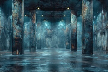 An atmospheric depiction of an abandoned, weathered interior of an industrial warehouse with standing water on floor