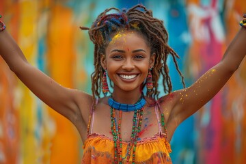 A joyous woman with face paint celebrates at a vibrant cultural festival