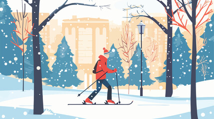 Young man on cross-country skiing in the park. Vector