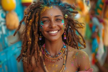 The photograph showcases a woman adorned in bohemian jewelry and colorful dreadlocks, smiling