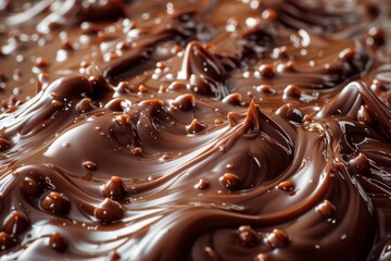 A close-up shot capturing the smooth, creamy texture of melted chocolate swirling with rich tones...