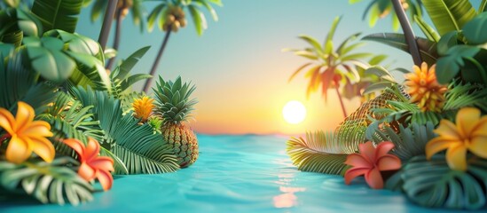Fototapeta na wymiar Serene Tropical Paradise with Vibrant Foliage Swaying Palms and a Stunning Sunset Backdrop