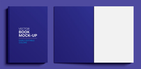 Blue book cover and title page realistic vector mockup. Closed and opened book on blue background.