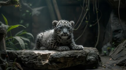 Fototapeta premium A baby snow leopard rests atop a rock in its zoo habitat, surrounded by trees and greenery