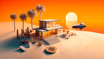 Contemporary beach house with Bitcoin coin at sunset, capturing the essence of modern investment and luxury seaside living