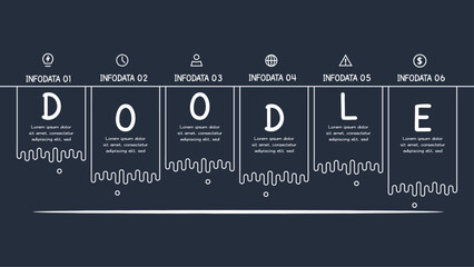 Doodle infographic elements with 6 options. Template for web on a dark background.