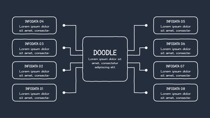 Doodle infographic elements with 8 options. Template for web on a dark background.