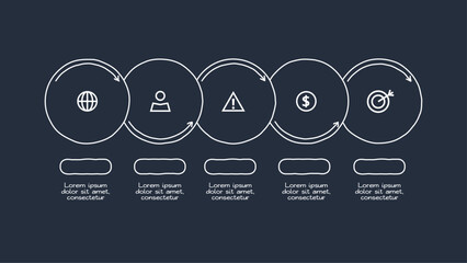 Doodle infographic elements with 5 options. Template for web on a dark background.