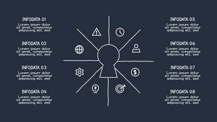 Doodle infographic elements with 8 options. Template for web on a dark background.