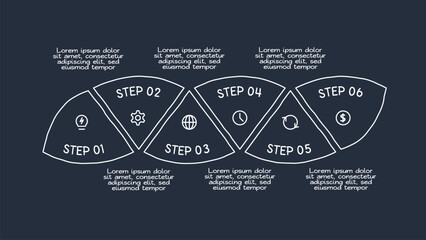 Doodle infographic elements with 6 options. Template for web on a dark background.