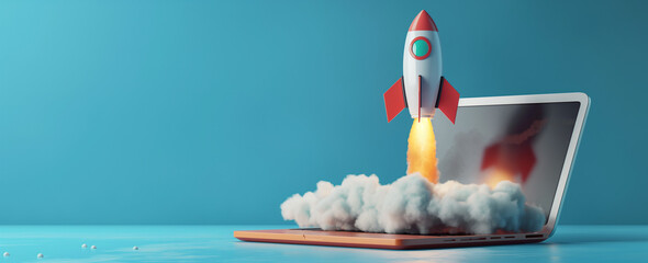 rocket flying out of laptop, start up growing concept, crypto generation concept