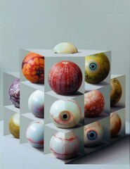 Set of colorful eye balls in a box, closeup of photo.