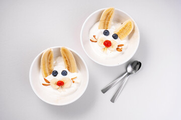 Kids Breakfast Idea, Rabbit Yogurt Bowl with Banana and Fresh Berries