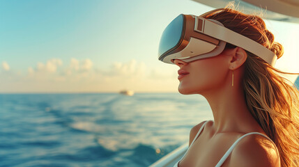 woman at vacantion relaxing at yacht , in opean sea, using virtual reality googles 